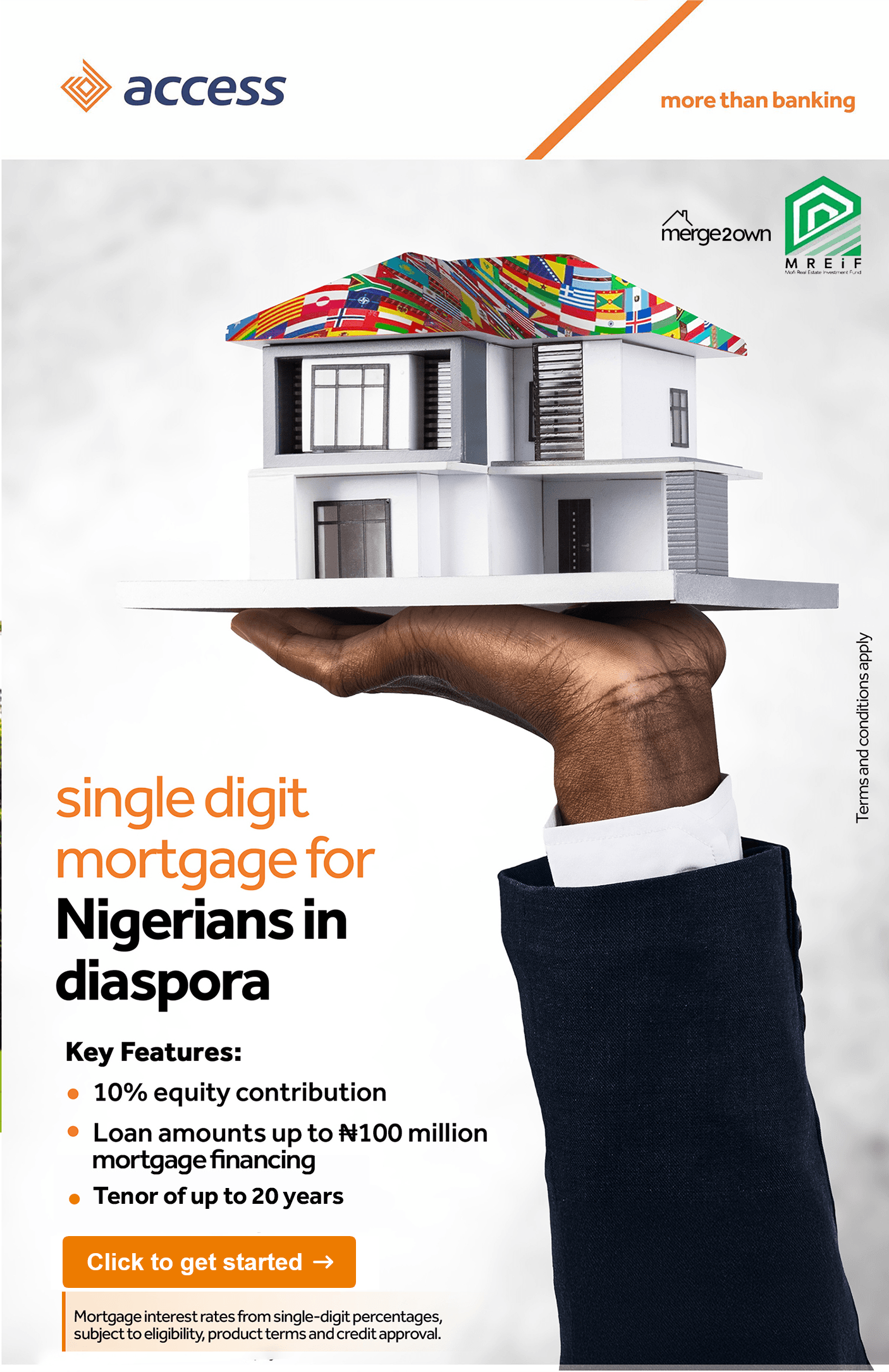 Single digit mortgage for Nigerians in diaspora. 10% equity, up to ₦100M, 20-year tenor.