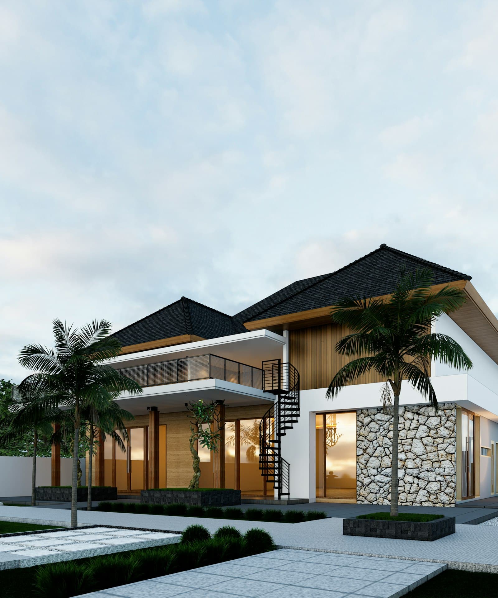 Modern detached home with palm trees